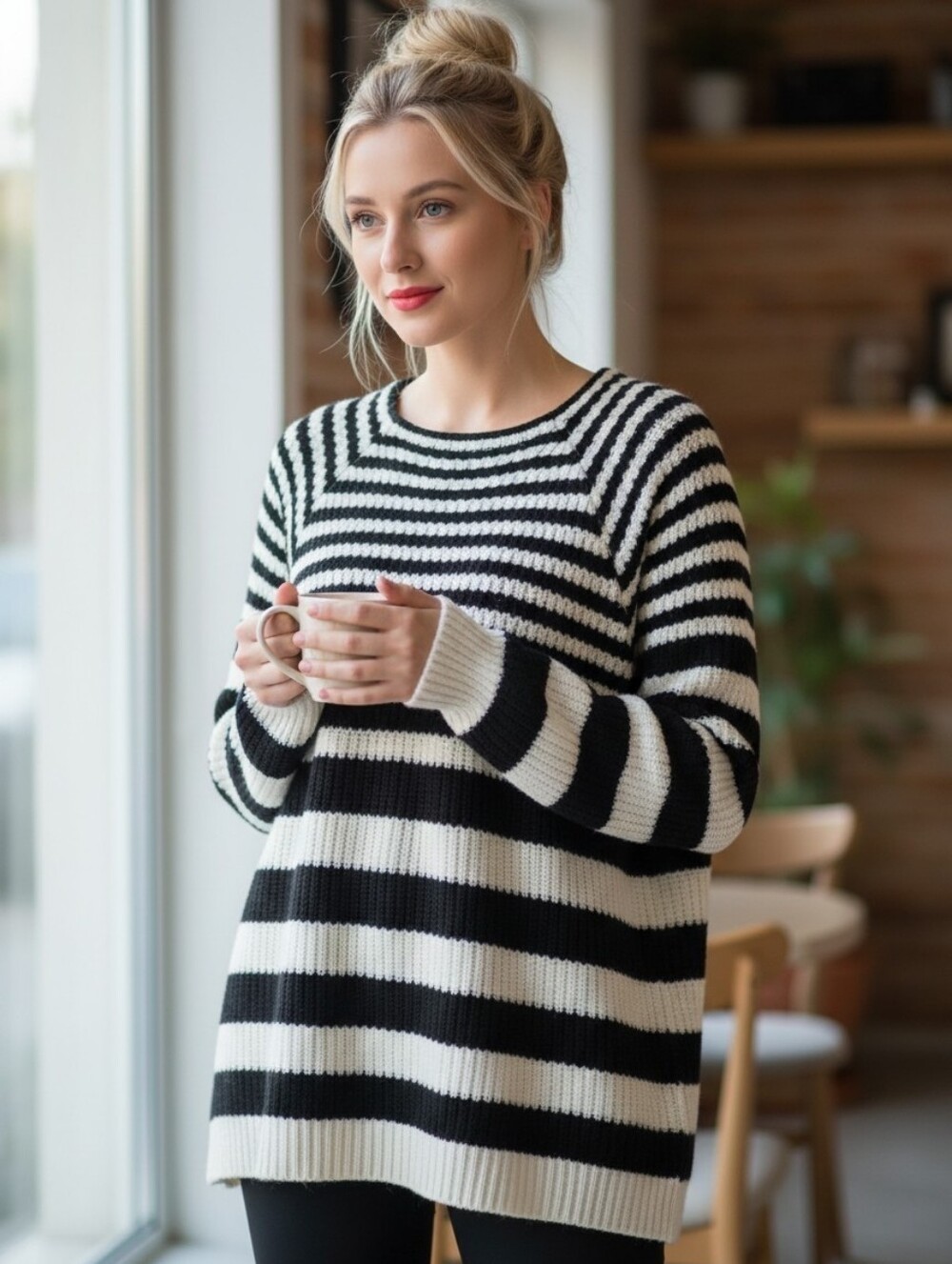 Alison Andrews  Black and Ivory Striped Tunic Sweater
